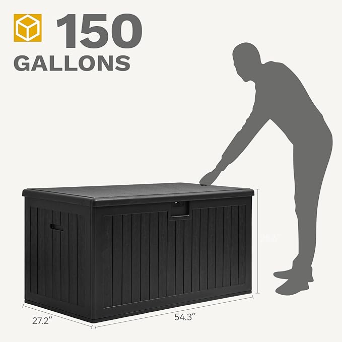 DWVO 150 Gallon Double-Wall Deck Box, XL Large Resin Outdoor Storage Box, Lockable & Waterproof, Double as Seating, 1000lbs Capacity (Black)