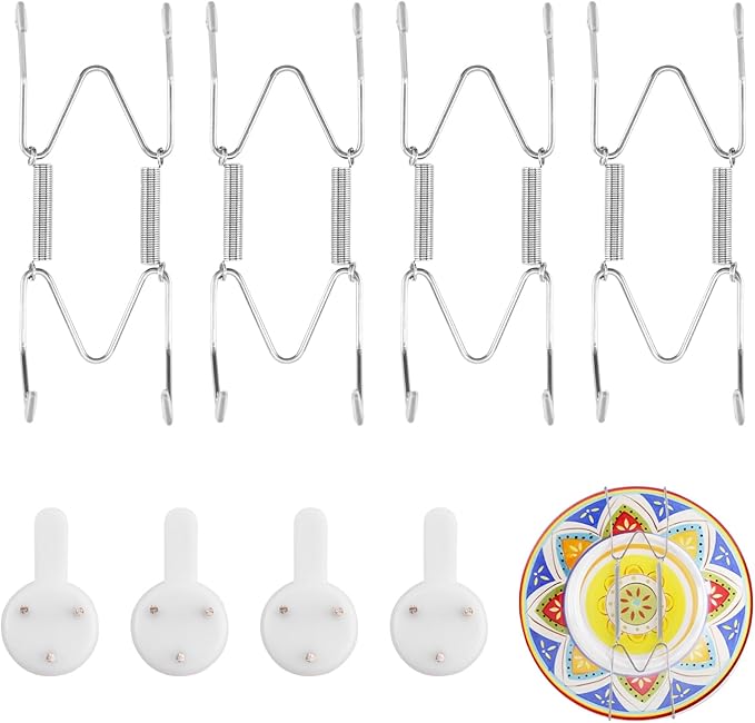 4 Pack Plate Hangers for Wall, Suitable for 4-5 inch Art Plate, Stainless Steel Invisible Heavy-Duty Wire Plate Holder with Wall Hooks, Display Hanger for Decorative Plates/Dishes/Platters(Silver)