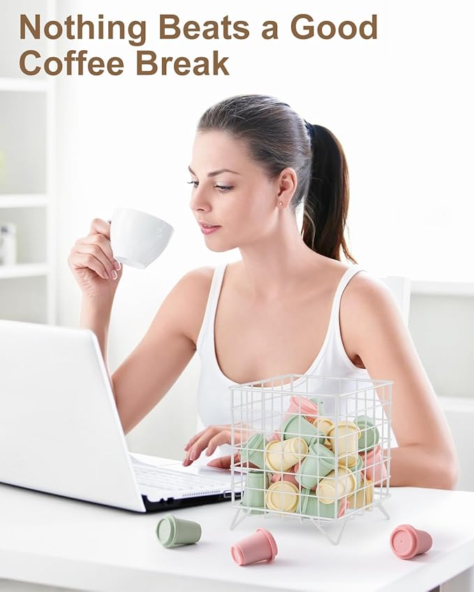 FantasyLife K Cup Holder Organizer, 5.3" x 5.3" x 6.3" Coffee Pod Storage Basket, Coffee Bar Accessories Metal Basket, Large Capacity Countertop Organizer for Kitchen Counter & Office Desktop (White)