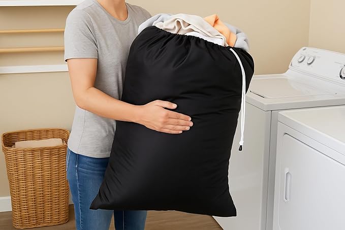 Super Z Outlet Nylon XL Laundry Bag 30" × 40" – Large Capacity Hamper Liner with Locking Drawstring, Machine Washable Clothes Bag, Fits Laundry Baskets, Holds 2 Loads (Black)