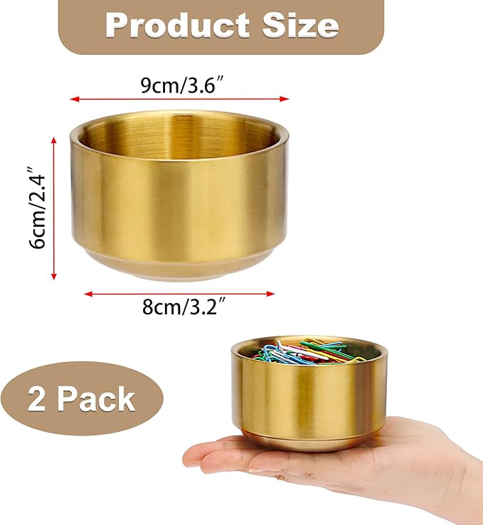 BTSKY 2 Pack Golden Paper Clip Holder, Stackable Paperclip Box Metal Storage Bowl for Office Supply Accessories, Round Small Storage Holder Cute Jewelry Organizer for Office Bathroom Vanity