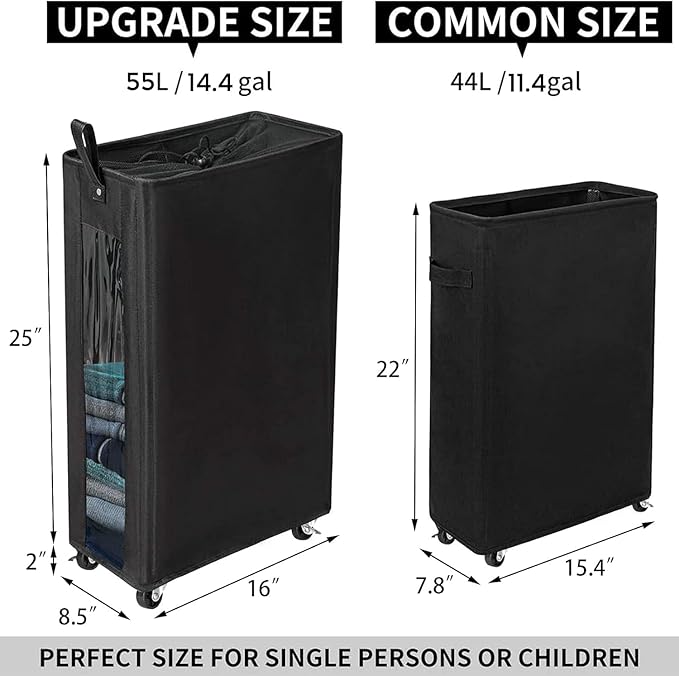 ZERO JET LAG 25 Inches Slim Laundry Storage Hamper - Large Rolling Clothes Hamper - Rolling Storage Bin - Tall Corner Basket - Clear Window Visible - Dirty Laundry Bin - (Black)