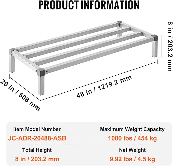 VEVOR Aluminum Dunnage Rack, 48” x 20” Commercial Food Floor Rack, 8” Off the Floor, 1000 lbs Capacity All-Welded Aluminum Storage, for Storage in Restaurants, Kitchens, Garages and Vehicles
