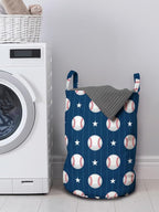 Ambesonne Sports Laundry Bag Pack of 2, Baseball Patterns on Vertical Striped Background Stars Design, Hamper Basket with Handles Drawstring Closure, 13" x 19", Blue Red