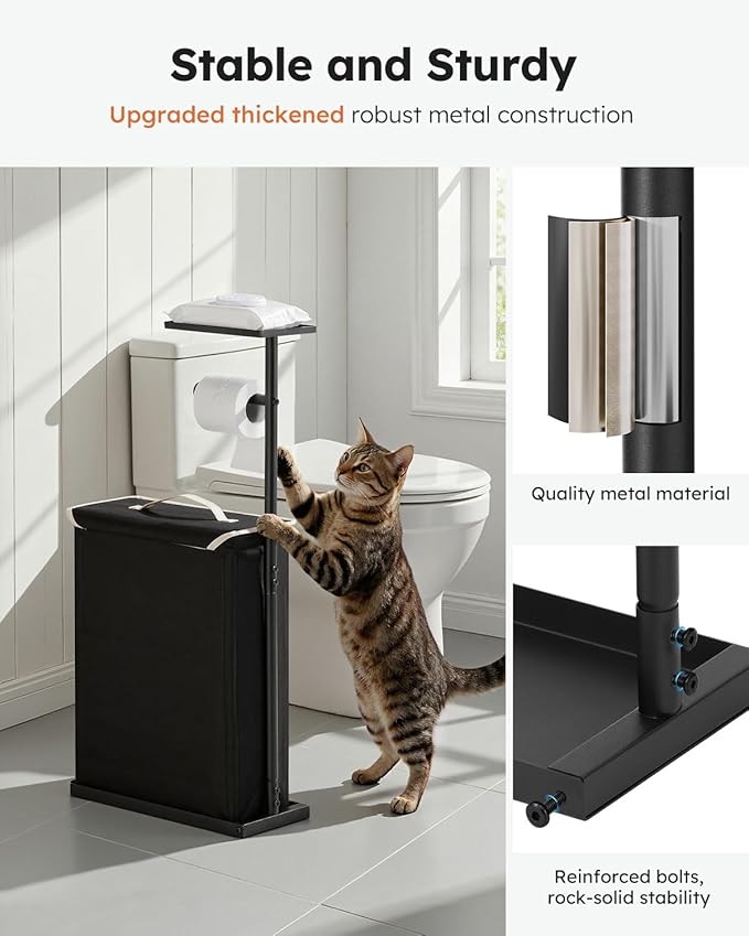 Toilet Paper Holder Free Standing with Storage for Up to 12 Rolls,Rustproof Metal Black Toilet Paper Stand with Shelf,All-in-One Toilet Tissue Roll Dispenser and Organizer with a Lidded Basket