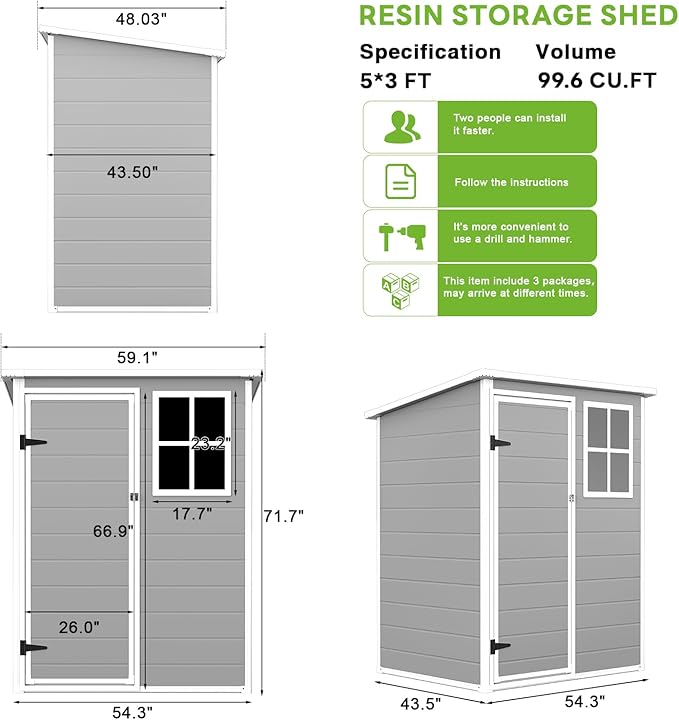 AIRAJ 5x3 FT Outdoor Storage Shed,Resin Storage Shed with Floor/Window/Vent/Roof Rainwater Drainage/Lockable Door,All-Weather Garden House,for Backyard, Garden,Poolside,Bike,Lawn Mower,Patio Furniture