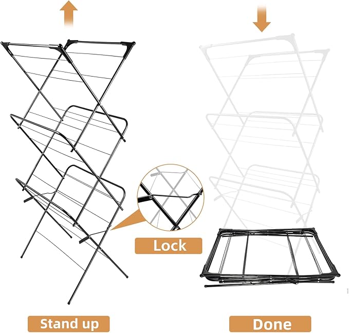 Foldable Clothes Drying Rack | Portable Collapsible Laundry Drying Rack | Use for Indoor & Outdoor | Space Saving | Black 54"x24"x17" | Easy to Assemble