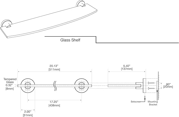 Gatco 4676 Reveal Tempered Curved Glass Shelf, 20.13" W X 5.40" D, Satin Nickel