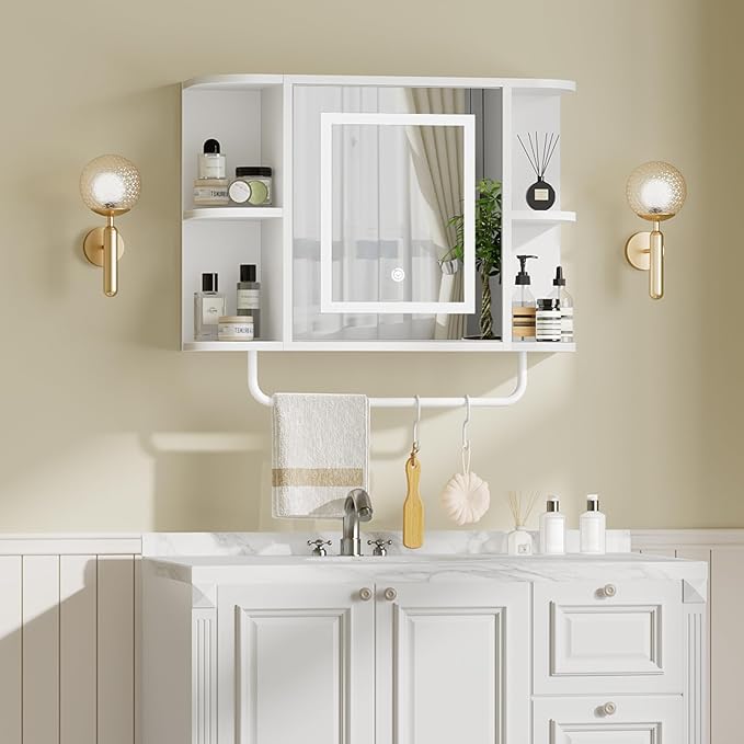 Bathroom Wall Cabinet with Mirror, Mirrored Medicine Cabinet with 3 Colors LED Light and 4 Open Shelves, Wall Mounted Over Toilet Storage Cabinets with Adjustable Shelf, 21.7"L x 6.7"W x 18.1"H, White