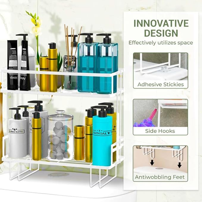 DINEST 2 Tier Over The Toilet Storage Shelf, Anti Resistant Bathroom Shelf Over Toilet Organizer, Multifunctional No Drilling Above Toilet Storage with Wall Mounting Design(White)