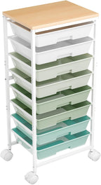 Rolling Cart with 8 Drawers, Storage Drawers Cart with Wooden Tabletop and Lockable Wheels, Utility Cart for Living Room, Office, Classroom, Craft Room, Green
