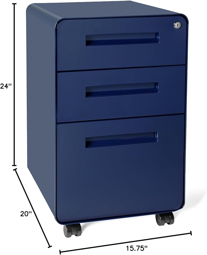 Laura Davidson Furniture Stockpile 3 Drawer File Cabinet with Lock - Under Office Desk Metal Filing Cabinet, Legal/Letter File Folders, Wheels and Stationary Feet, Pre-Assembled, Navy Blue
