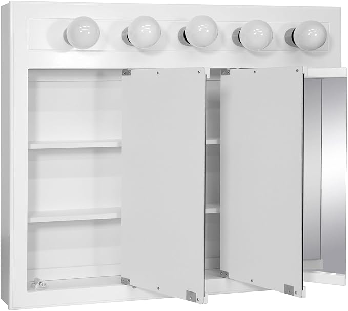 Design House Concord Medicine Cabinet, 3 Mirrored Doors, Pre-Assembled, Surface Mount, 5 Lights, White Wood Frame Wall Cabinet, 36 in W x 5 in D x 30 in H, 532390-WHT