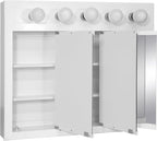 Design House Concord Medicine Cabinet, 3 Mirrored Doors, Pre-Assembled, Surface Mount, 5 Lights, White Wood Frame Wall Cabinet, 36 in W x 5 in D x 30 in H, 532390-WHT