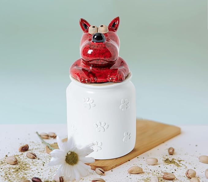 Dog Cookie Jar with Airtight Sealing Lid Matte White Ceramic Candy Jar with Lid– Cute Cartoon Dog Shape, Red‑Black Glaze Artistry