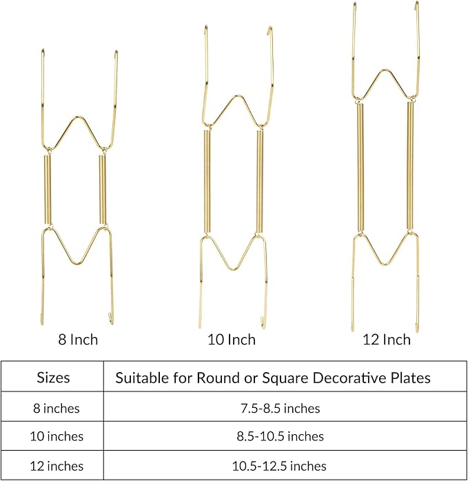 12-Pack Invisible Wall Plate Hangers, 8/10/12 Inch Brass Plate Holders with 16-Pack Wall Hooks