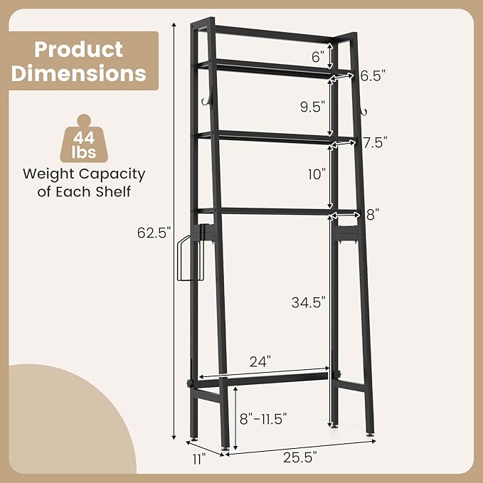 Tangkula Over-The-Toilet Storage Rack, 3-Tier Freestanding Bathroom Space Saver Shelf w/ 2 Hanging Hooks & Toilet Paper Holder, Metal Above Toilet Storage Rack for Bathroom Laundry (Black, 62.5”H)