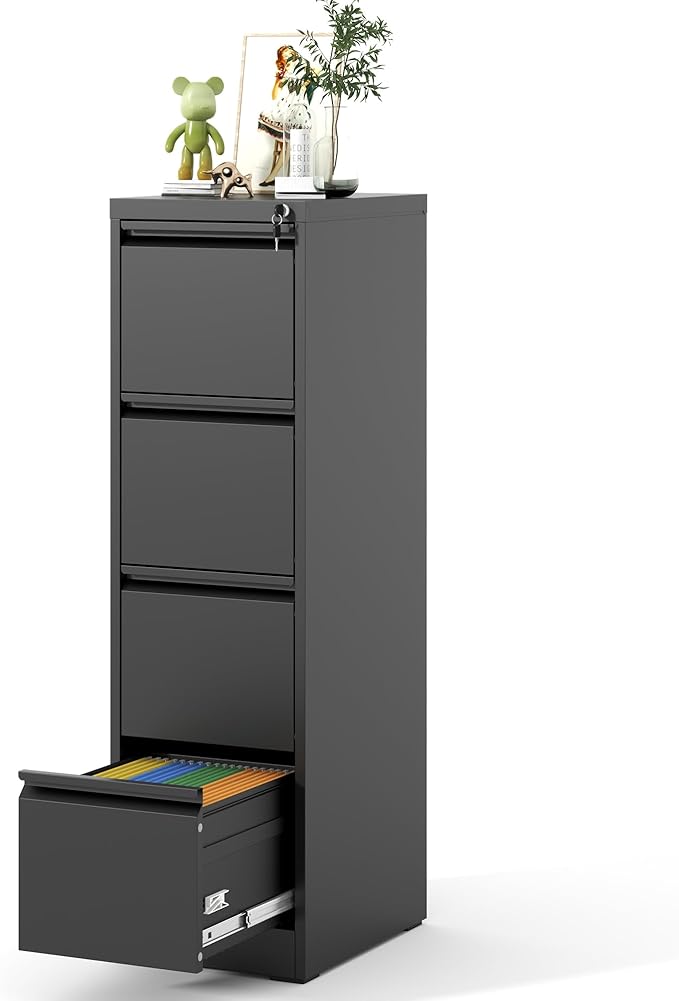 File Cabinet 4 Drawer with Lock, Vertical Filing Cabinets for Home Office, Metal Steel Storage Cabinet for Letter/Legal Size File, Assembly Required(Black)