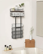 Large Towel Rack & Bathroom Towel Holder - Wall Mounted Metal Rack with Wooden Floating Shelf, Small Bathroom Towel Storage, Easy Holds 6 Large Rolled Towels, Black with Brown Plank