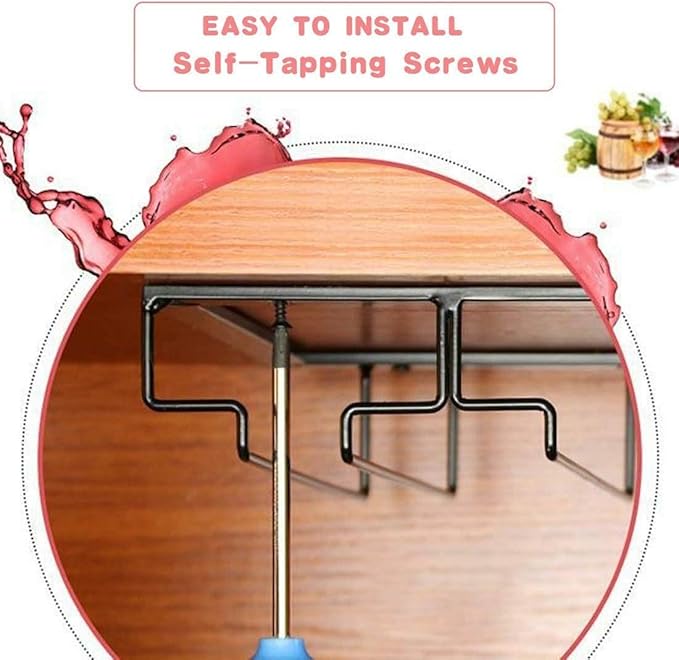 Wine Glass Rack - Under Cabinet Stemware Wine Glass Holder Glasses Storage Hanger 1 Pack Metal Organizer for Bar Kitchen 5 Rows Gold