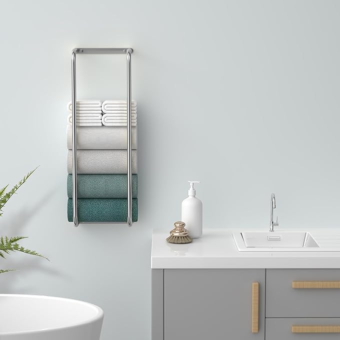 Stainless Steel Wall-Mounted Bathroom Towel Rack and Organizer for Rolled Towels, Ideal for Modern Small Bathrooms with Limited Space, Sleek and Chic Sliver Design.