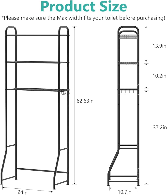 ASHLEYRIVER Over The Toilet Storage Rack, 3-Tier Storage Rack Toilet Adjustable Shelf Rack with Hooks & Roll Holder,Steel Black