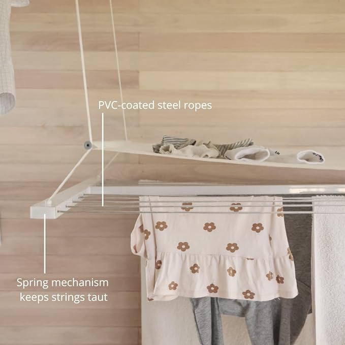 Ceiling Mounted Pulley Drying Rack – Aluminum Clothesline with Mesh Shelf for Delicates – Space-Saving Design for Laundry Room (55.12" x 23.6")