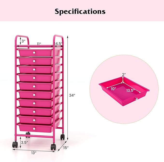 Storage Cart, Rolling Utility Cart with 10 Drawers, Portable Handles & Lockable Wheels, Mobile Paper Toys Storage Organizer Large Capacity for Home Office School Teacher (Hot Pink)