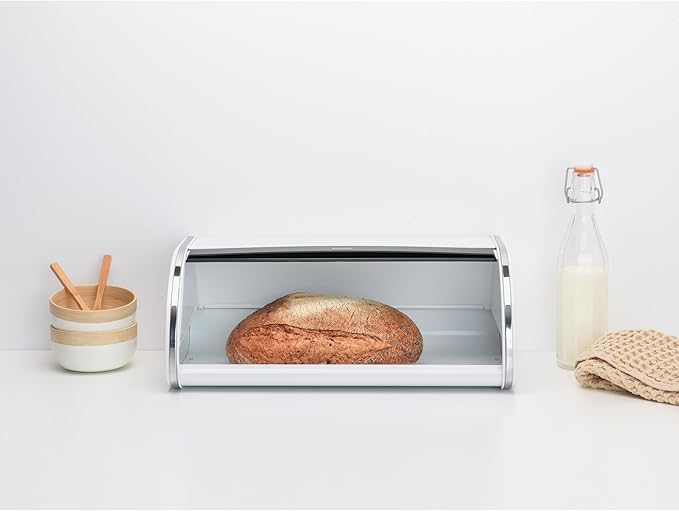 Brabantia Roll Top Bread Box | Large | White | Metal Front Opening Bread Store for Kitchen Countertop | Partly Flat Top for Extra Storage, Magnet Closing Lid | Fits 2 Loaves
