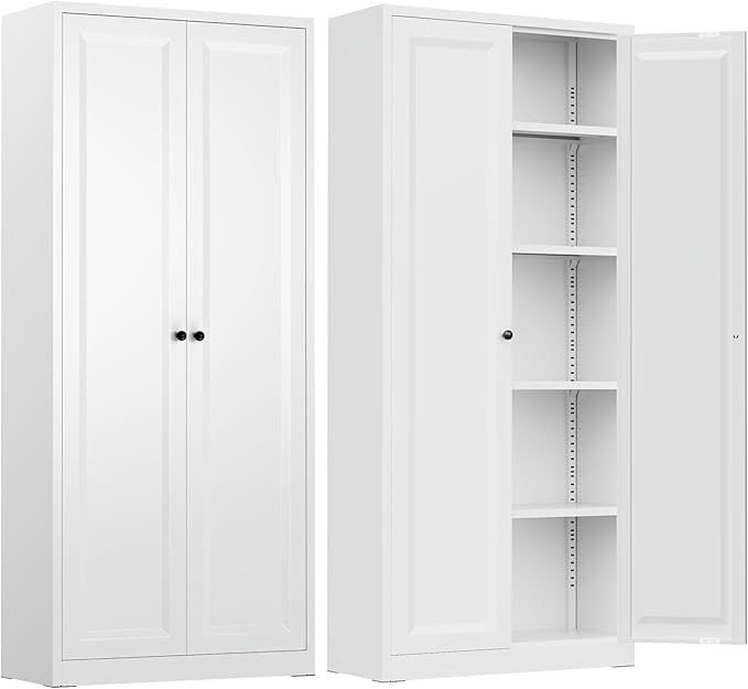 INTERGREAT Metal Storage Cabinet with Magnetic Doors, 63" H Traditional European Style Metal Cabinets with 2 Doors and 4 Adjustable Shelves for Home Office, Kitchen, Bathroom (White)