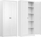 INTERGREAT Metal Storage Cabinet with Magnetic Doors, 63" H Traditional European Style Metal Cabinets with 2 Doors and 4 Adjustable Shelves for Home Office, Kitchen, Bathroom (White)