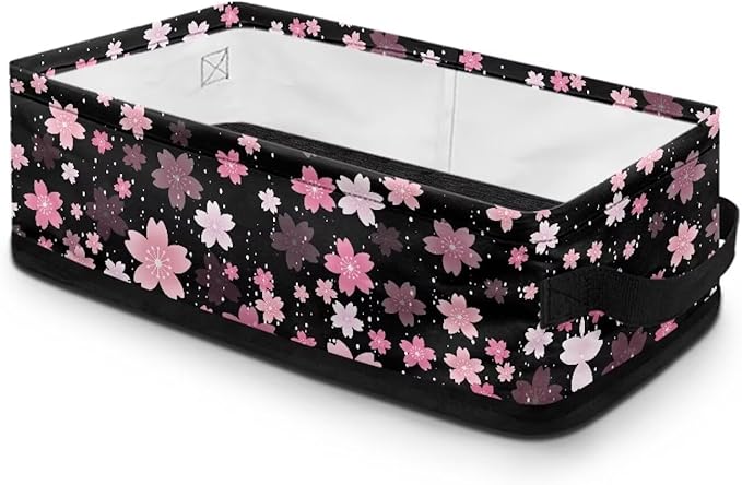 Storage Bins Collapsible Organizer Rectangular Toilet Paper Basket Lightweight Toiletries Organizer for Bathroom Kitchen Office Accessories and Decor, Pink Cherry Blossom Black