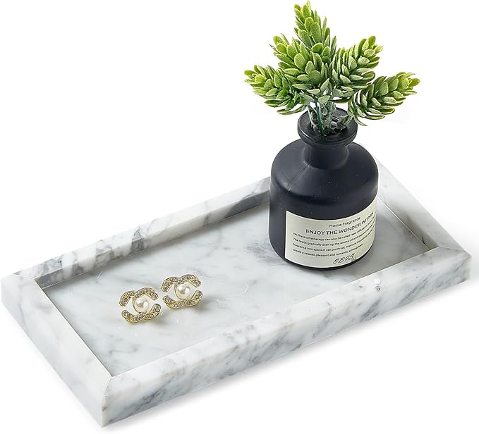 Natural Small Marble Vanity Tray, Luxury Stone Organizer for Bathroom & Kitchen | Holds Soap Dispenser, Jewelry, Perfume | Non-Resin, Non-Ceramic Décor (White, Mini (7.9" x 4.3" x 0.78"))