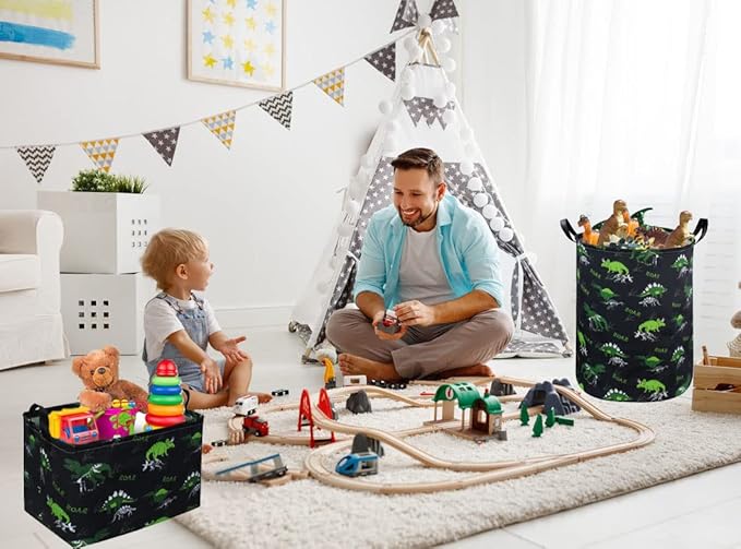 ESSME Kids Hamper,Dinosaur Laundry Hamper Collapsible Canvas Dinosaur Storage Basket for Boys Room Decor, Nursery Hamper,Gift Baskets,Home Organizer(Dinosaur laundry hamper)