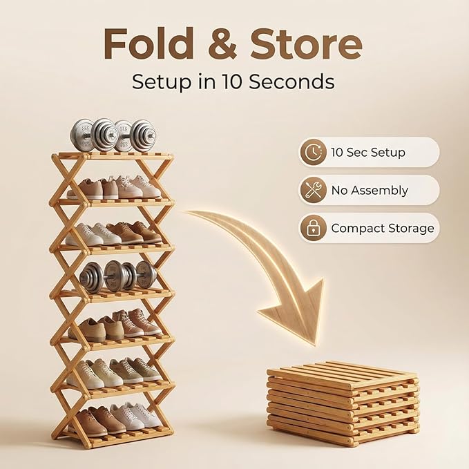The 9-Tier No-Assembly Bamboo Rack, 3-9 Tiers Bamboo Shoe Rack, Foldable Bamboo Vertical Shoe Organizer, Multifunctional & Space-Saving, For Entryway, Closet, Corner, Bedroom, Hallway (Wood, 9Tiers)