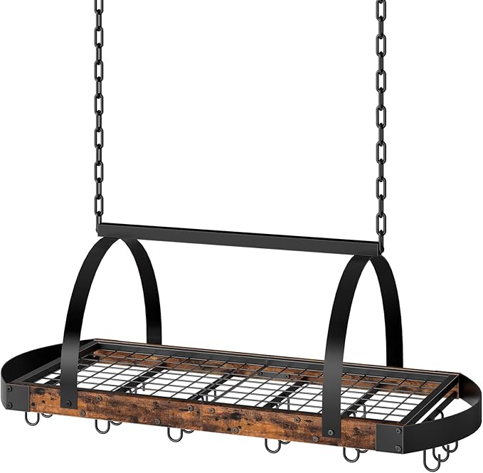 Hanging Pot Rack, Pot Hanger for Kitchen, Ceiling Mounted Pot Holder, Cookware Organizer with 18 S-Shaped Hooks, for Pot, Pan Storage, Space-Saving, Rustic Brown and Black TPR18BF