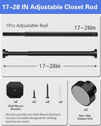 2 Pack No Drilling Closet Rods for Hanging Clothes, Non Slip Tension Rod with Heavy Duty Clothes Hanging Rod, 17-28 Inches Adjustable Spring Closet Rod for Closet Wardrobe Bathroom RV, Black