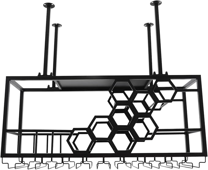 Hanging Wine Rack, 39in Heavy Duty Ceiling Mounted Wine Bottle & Glass Holder, 150lbs Load Capacity Storage Rack, for Bar, Kitchen, Restaurant, Cellar (Black)