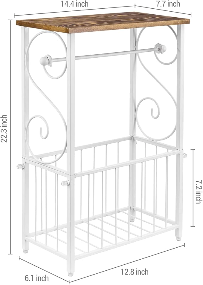 MyGift Toilet Paper Holder Stand with Shelf, Bathroom Table Stand Storage with Magazine Holder Basket, Scrollwork Design, White Metal