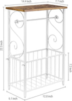 MyGift Toilet Paper Holder Stand with Shelf, Bathroom Table Stand Storage with Magazine Holder Basket, Scrollwork Design, White Metal