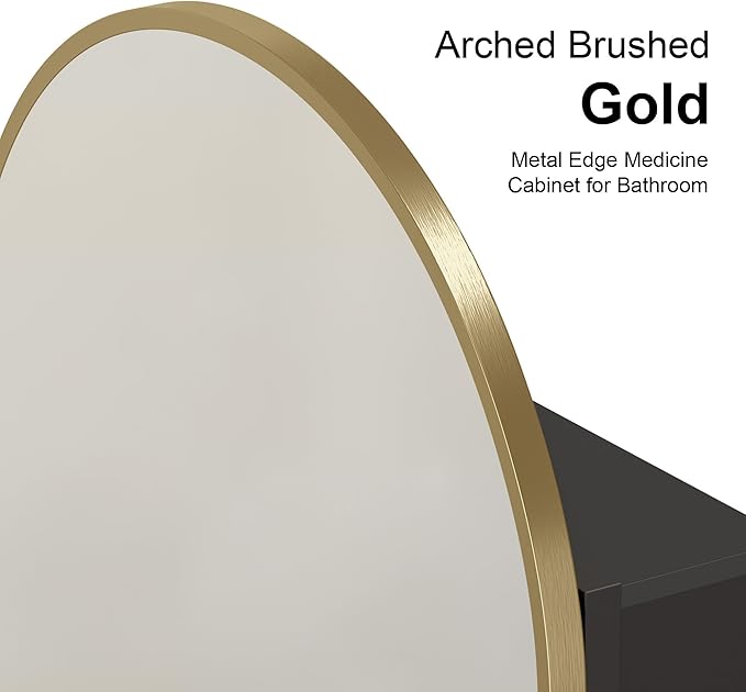 Recessed Medicine Cabinet Mirror,Brushed Brass Gold Arched Medicine Cabinet with Mirror for Bathroom,Metal Edge Mirrored Medicine Cabinets,in Wall Arch Mirrored Cabinets with Storage 16x31