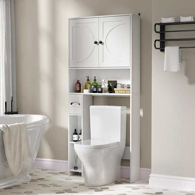 Over The Toilet Storage Cabinet, Farmhouse Wooden Storage Cabinet Over Toilet Bathroom Organizer with Adjustable Shelves Toilet Paper Holder for Bathroom，Laundry Room&Small Space, White