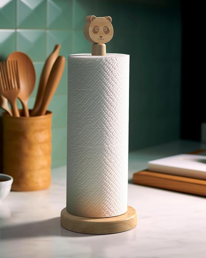Cute Wooden Paper Towel Holder Stand - Kitchen Paper Hanger Rack Bathroom Towel Roll Stand Organizer Simply Standing Countertop Paper Roll Holder, Panda