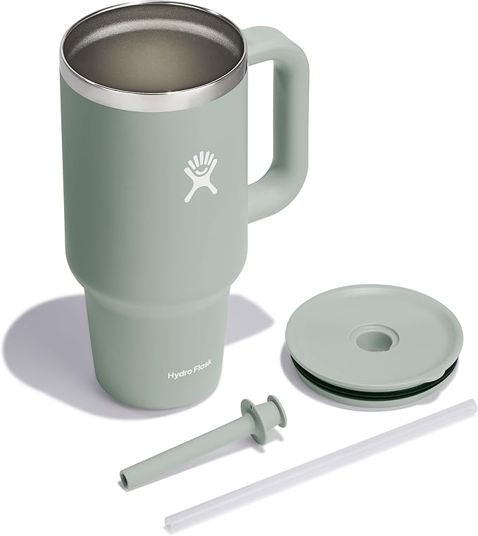 Hydro Flask Travel Tumbler with Handle, Lid and Straw - Insulated Stainless Steel in 32 Oz Agave