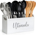 White Kitchen Utensil Holder for Countertop – Large 3-Compartment Wooden Organizer & Caddy with Drain Holes, Farmhouse Utensil Holder for Kitchen Counter, Modern Rustic Storage for Spoons & Spatulas