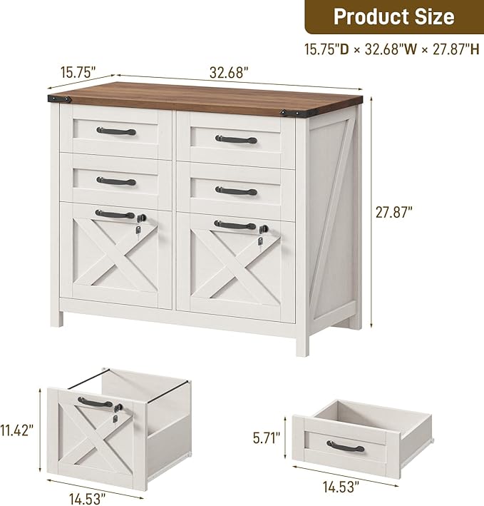 Lateral File Cabinet with 6 Drawers, Farmhouse File Cabinet with Lock for Letter/A4 Size Hanging Files, Wood File Storage Cabinets Printer Stand for Home Office Cabinets, Rustic White and Brown
