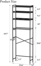 4 Tier Over The Toilet Storage Shelf with 3 Adjustable Shelves, Space Saver Bathroom Organizer with 4 Hooks, Freestanding Above Toilet Rack for Restroom Laundry (Black)