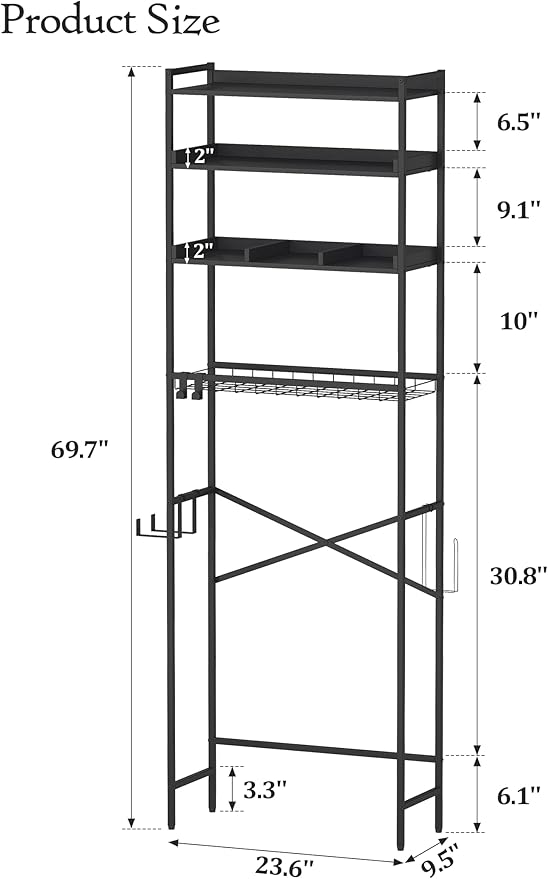 4 Tier Over The Toilet Storage Shelf with 3 Adjustable Shelves, Space Saver Bathroom Organizer with 4 Hooks, Freestanding Above Toilet Rack for Restroom Laundry (Black)