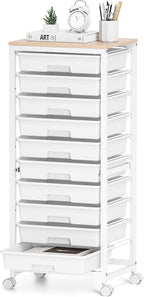 Rolling Cart with Drawers,10 Drawer Rolling Cart,Storage Cart with Wheels,Utility Cart with Drawers,Teacher Cart for Classroom Storage,Craft Cart with Wheels and Wooden Tabletop,White