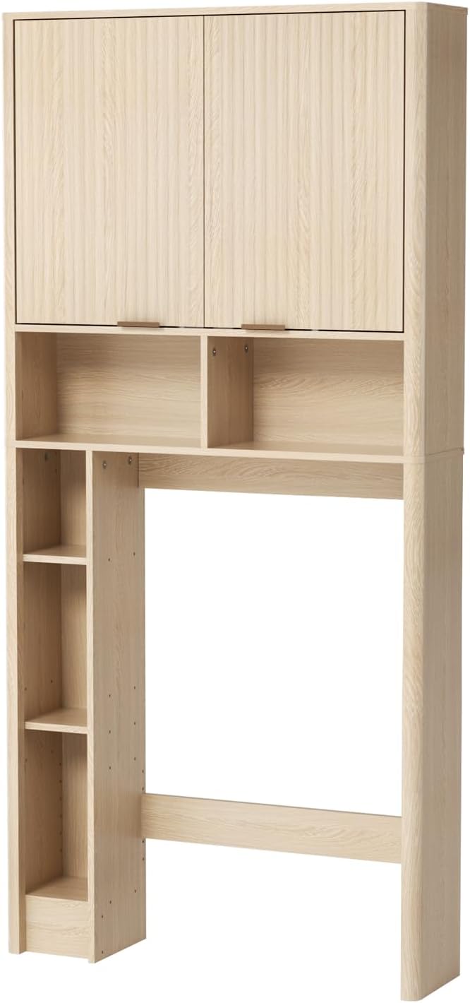 31''W Over The Toilet Storage Cabinet with Fluted Door, Oak Bathroom Organizer with Adjustable Shelf, 67''H Tall Natural Toilet Paper Holder Stand Wave Door for Restroom, Laundry Room